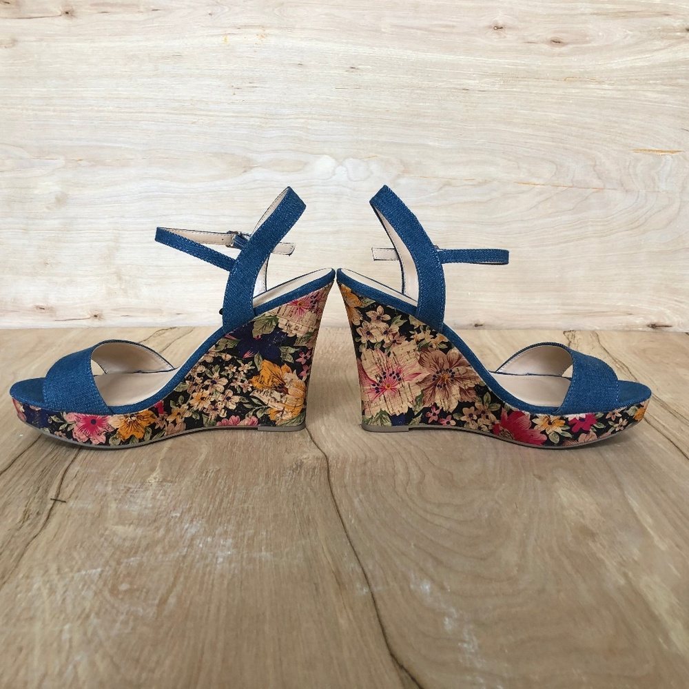 Denim floral cork wedges